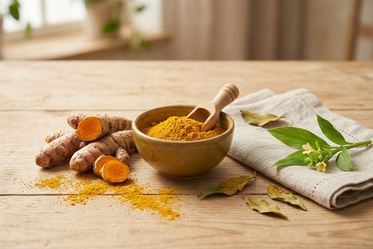 Ra&iacute;z de c&uacute;rcuma fresca y c&uacute;rcuma en polvo